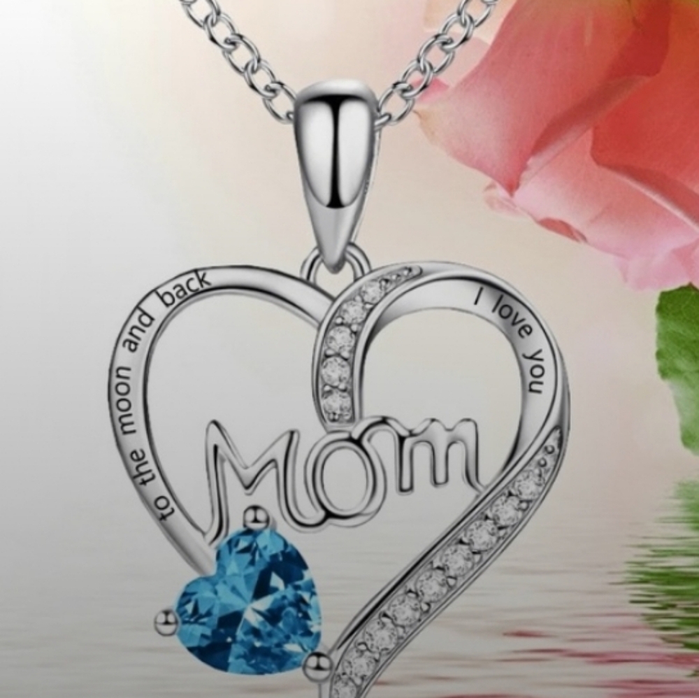 Silver Heart MOM Necklace Inscription Rhinestones cz Simulated Blue Topaz NEW